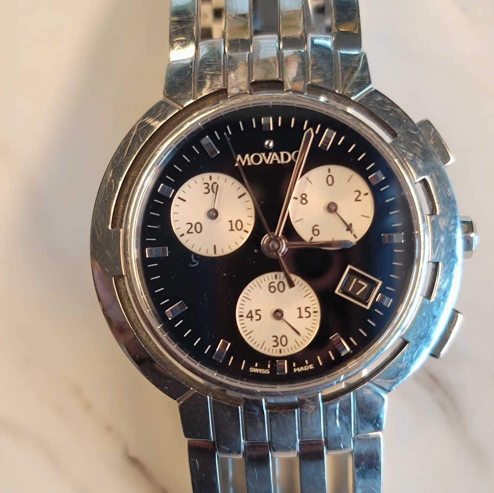 RARE MEN'S SILVER MOVADO ESPERANZA CHRONOGRAPH WATCH 0605823 (READ DESCRIPTION).